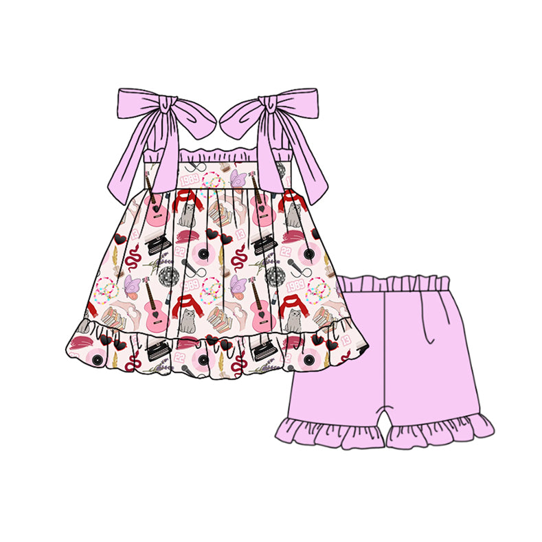 no moq GSSO1753 PRE-ORDER baby girl clothes taylor swift pink suspender shorts set-2024.12.10