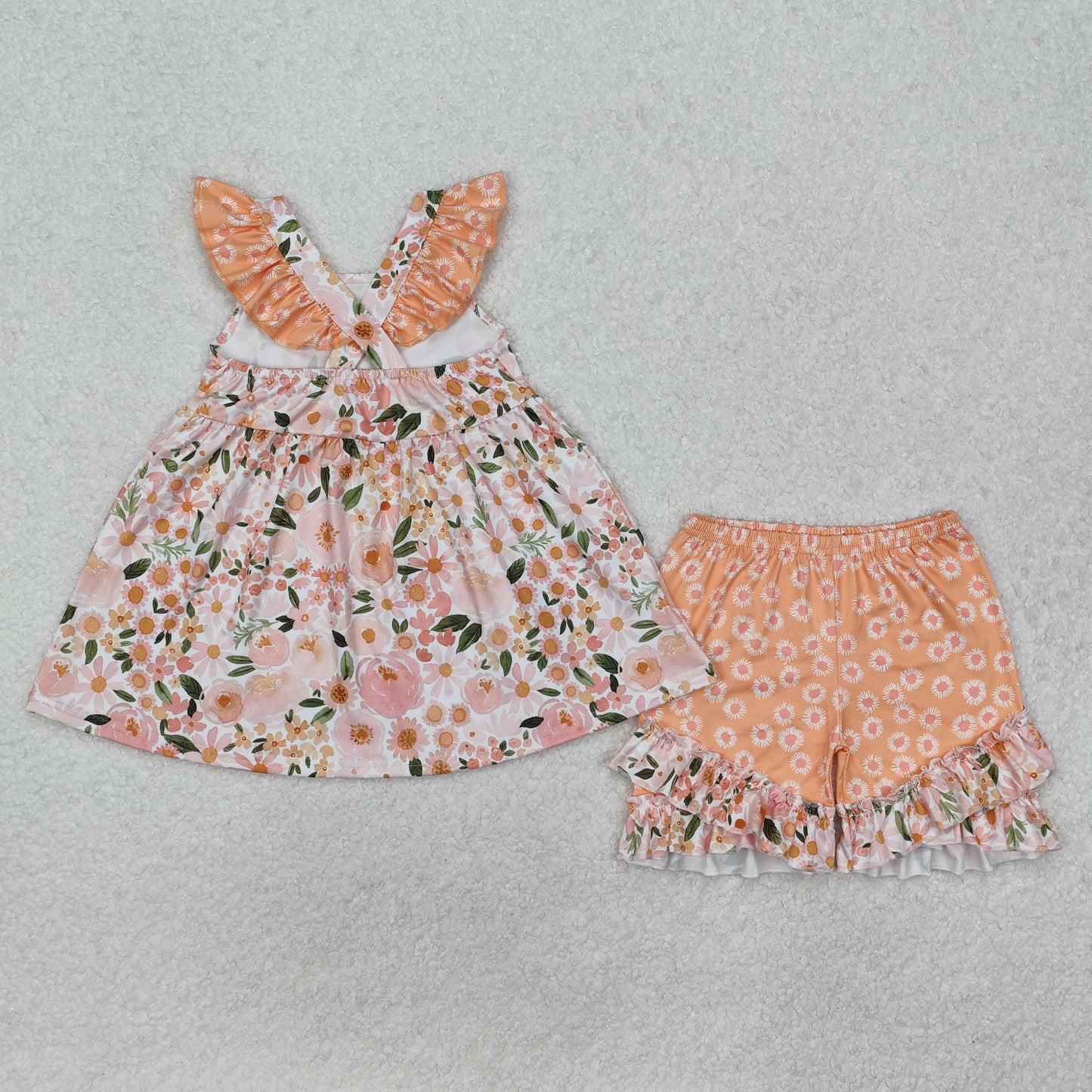 RTS NO MOQ ETA 5/7days Arrived GSSO1763 Flower leaves pink and orange flying sleeve shorts set