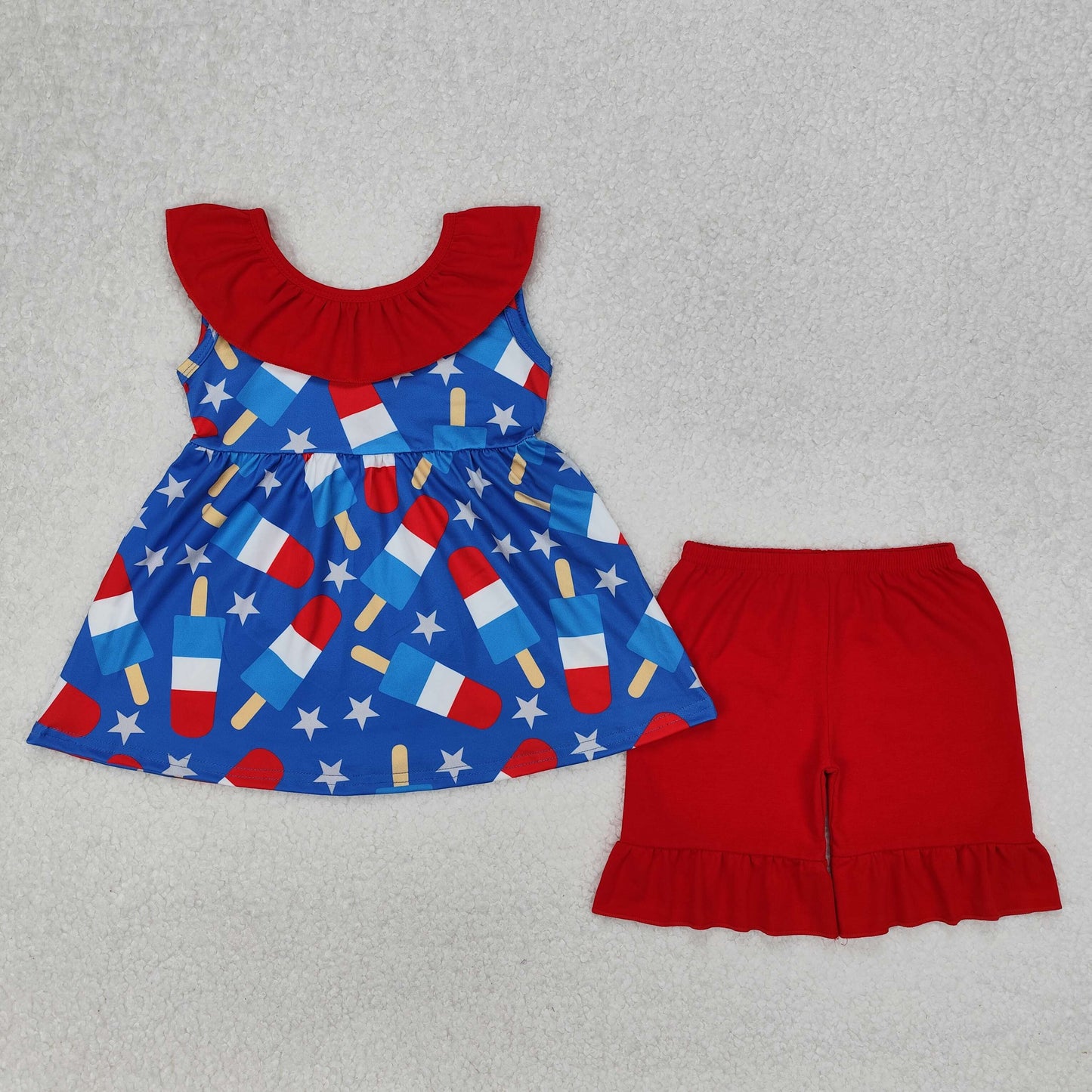 RTS NO MOQ ETA 5/7days Arrived GSSO1765 National Day Star Popsicle Red Lace Blue Sleeveless Shorts Set