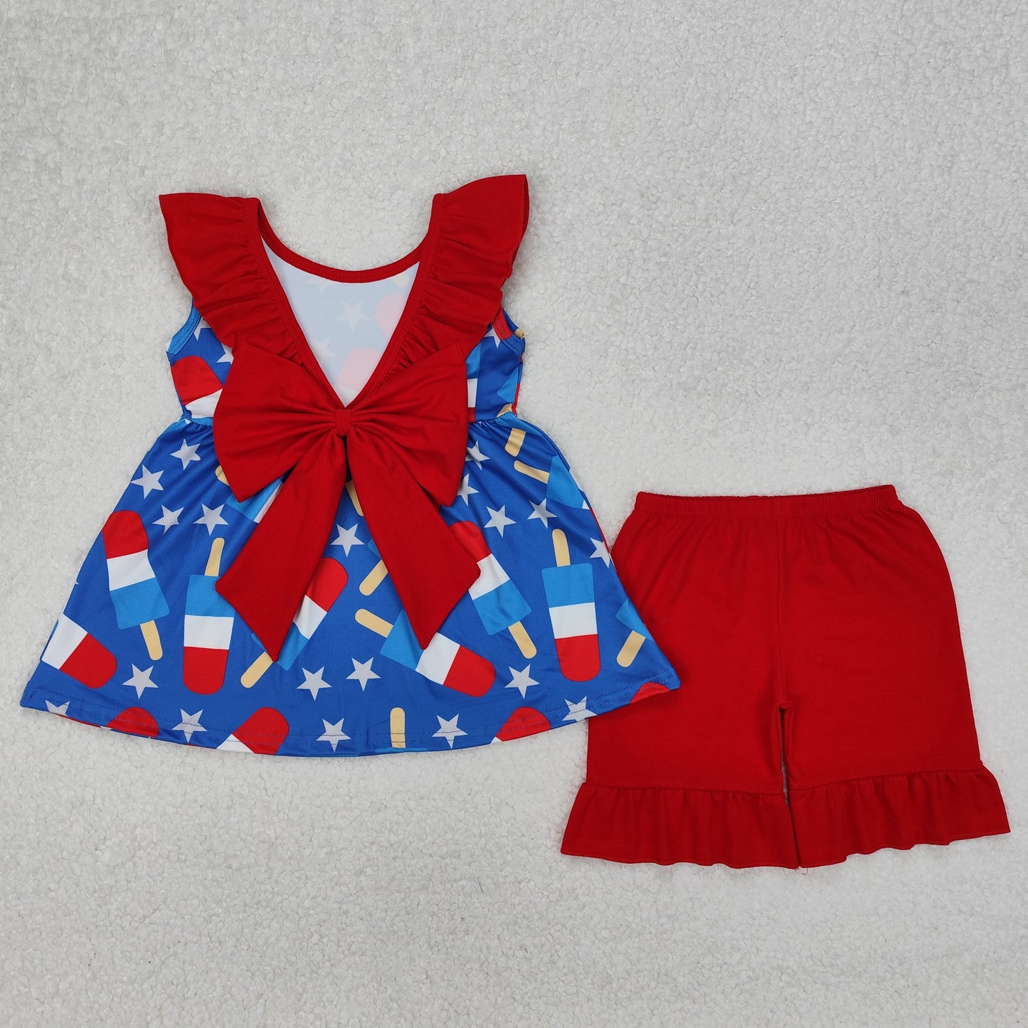 RTS NO MOQ ETA 5/7days Arrived GSSO1765 National Day Star Popsicle Red Lace Blue Sleeveless Shorts Set