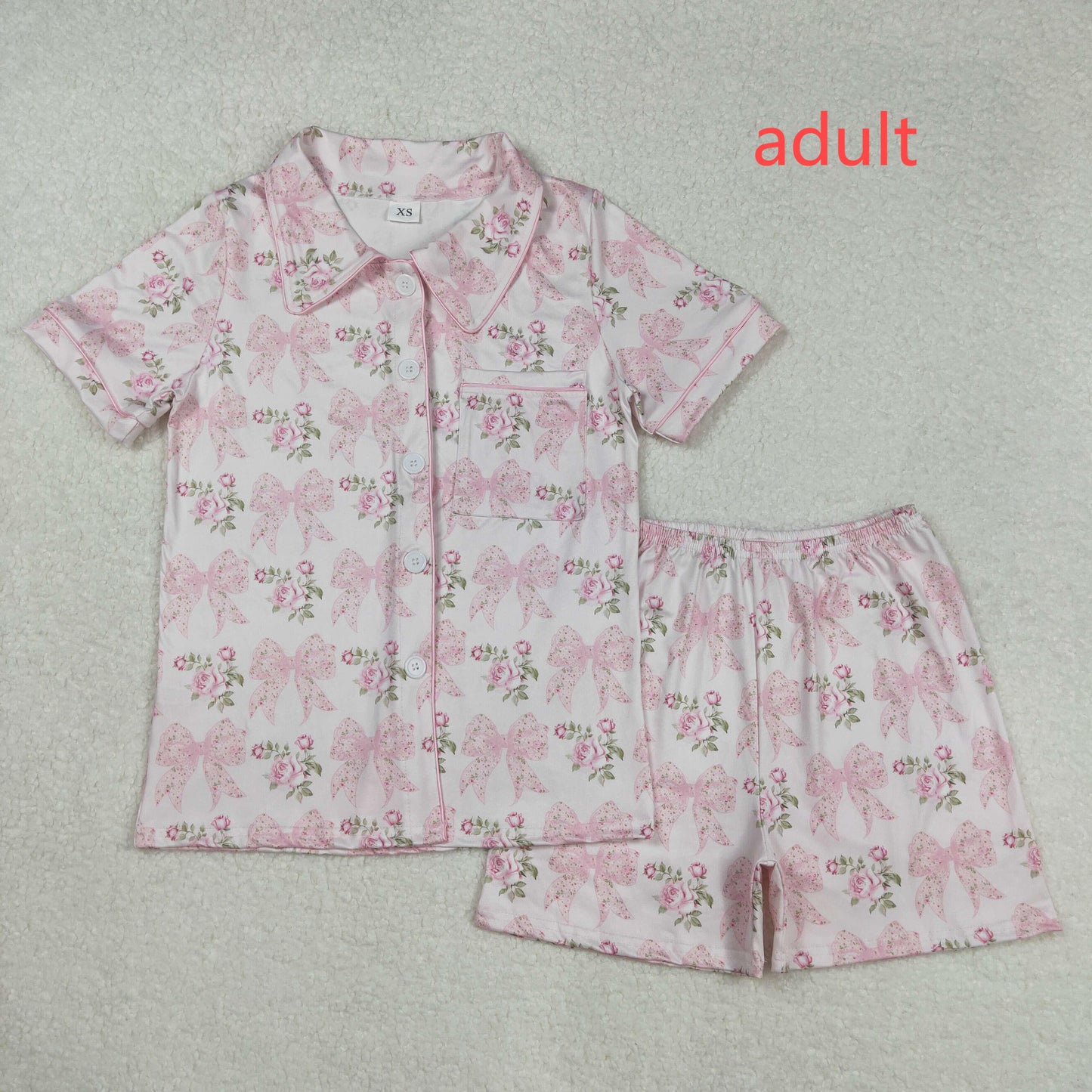 RTS NO MOQ Adult Girls bow floral Short Sleeve Shorts Pajama Set & kids shorts sets