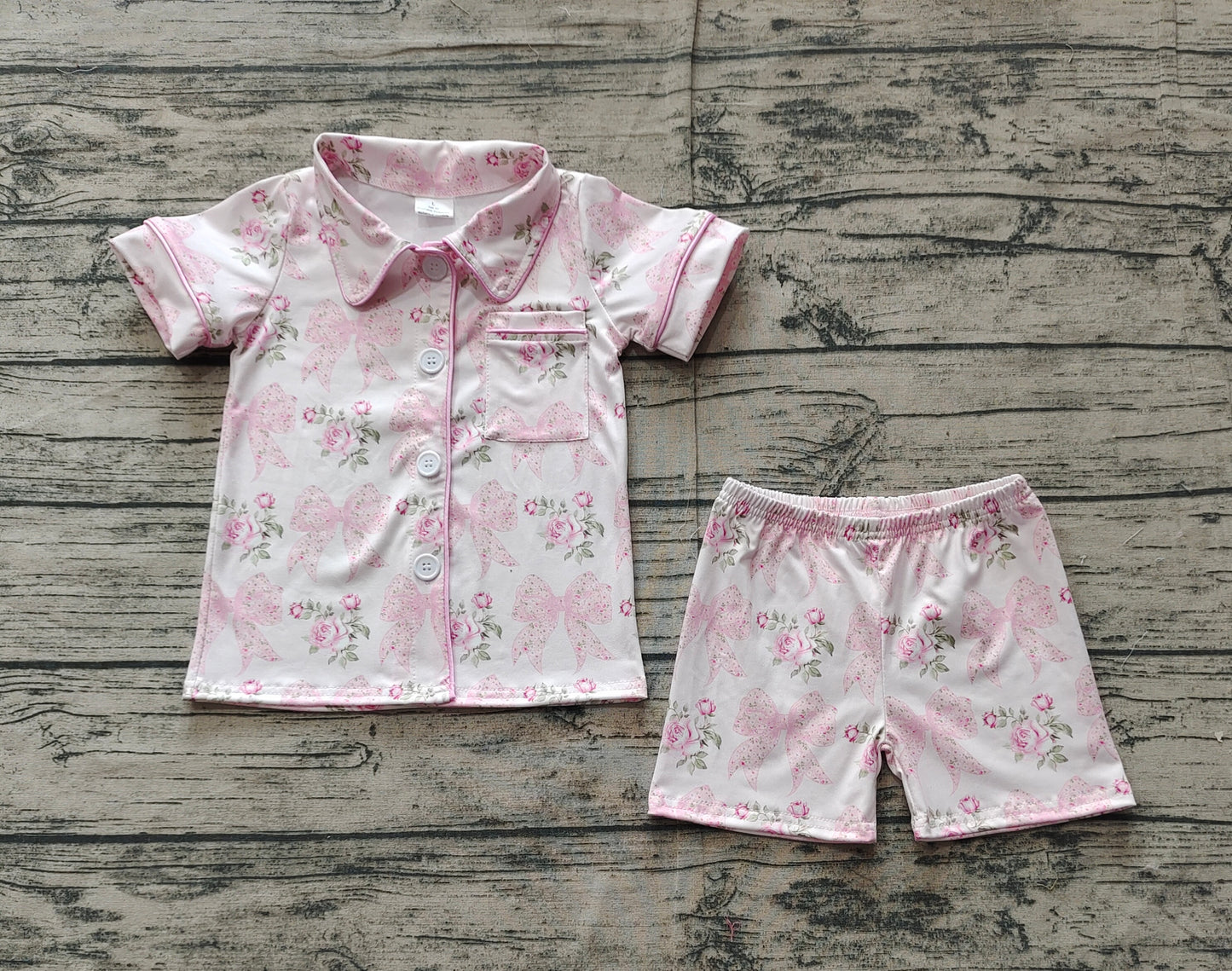 no moq GSSO1780 PRE-ORDER baby girls clothes bow floral pink short sleeve shorts set