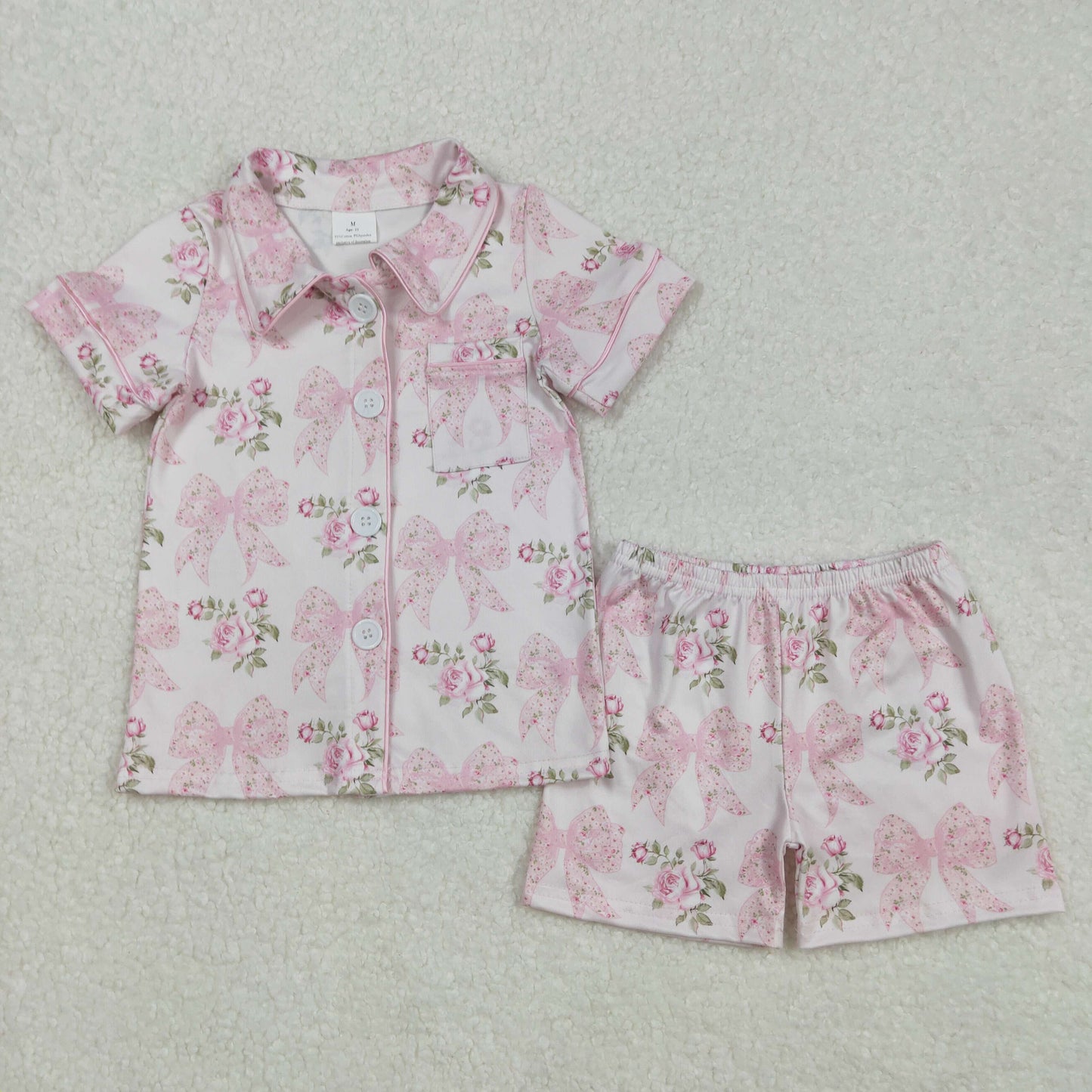 RTS NO MOQ Adult Girls bow floral Short Sleeve Shorts Pajama Set & kids shorts sets