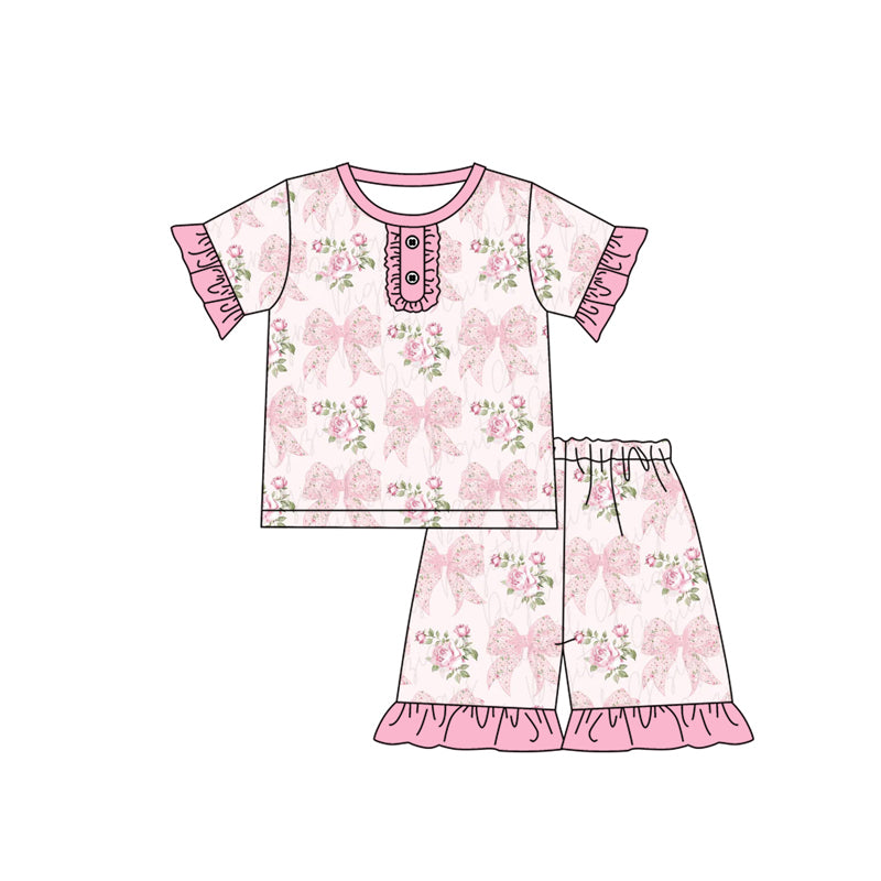 no moq GSSO1781 PRE-ORDER baby girls clothes bow floral pink short sleeve shorts set-2024.12.13