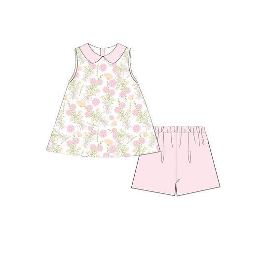 no moq GSSO1782 PRE-ORDER baby girls clothes floral pink sleeveless shorts set-2024.12.13