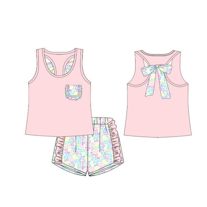 no moq GSSO1783 PRE-ORDER baby girls clothes leopard pink sleeveless shorts set-2024.12.13