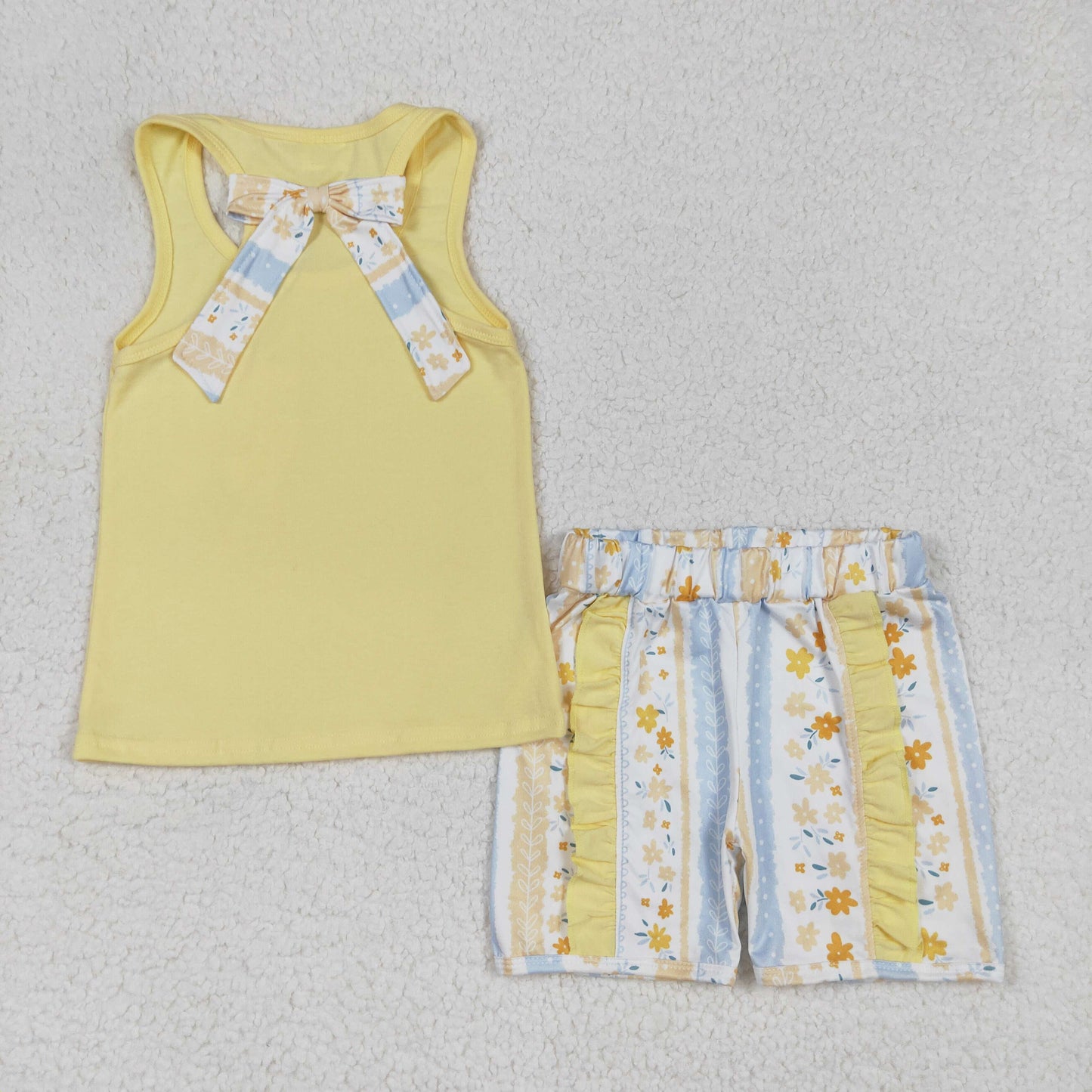 RTS NO MOQ ETA 5/7days Arrived GSSO1788 Flower stripes pocket bow solid yellow vest shorts set