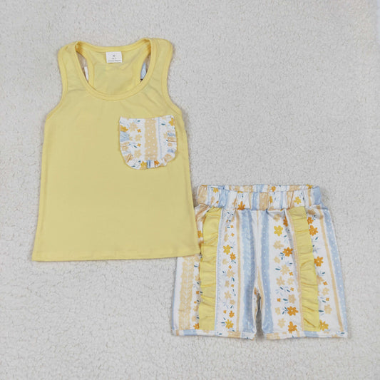 RTS NO MOQ ETA 5/7days Arrived GSSO1788 Flower stripes pocket bow solid yellow vest shorts set