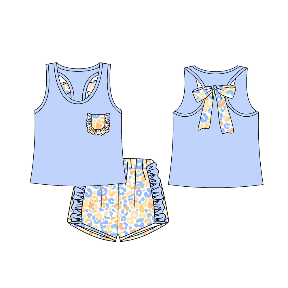 no moq GSSO1789 PRE-ORDER baby girls clothes leopard blue sleeveless shorts set-2024.12.14