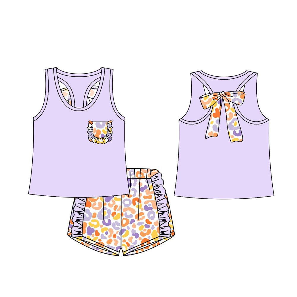 no moq GSSO1790 PRE-ORDER baby girls clothes leopard purple sleeveless shorts set-2024.12.14