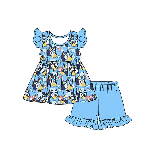 no moq GSSO1799 PRE-ORDER baby girls clothes cartoon dog blue flying sleeve shorts set-2024.12.15