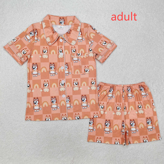 RTS NO MOQ ETA 5/7days arrived GSSO1804 Adult female bluey rainbow orange plaid short-sleeved shorts pajamas set