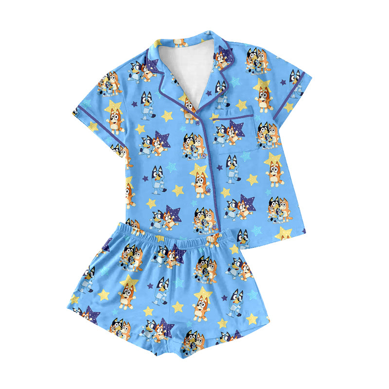 no moq GSSO1805 pre-order Adult women cartoon dog blue short sleeve shorts set-2024.12.17