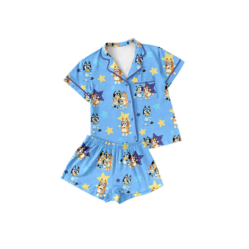 no moq GSSO1808 PRE-ORDER baby girls clothes cartoon dog blue short sleeve shorts set-2024.12.17