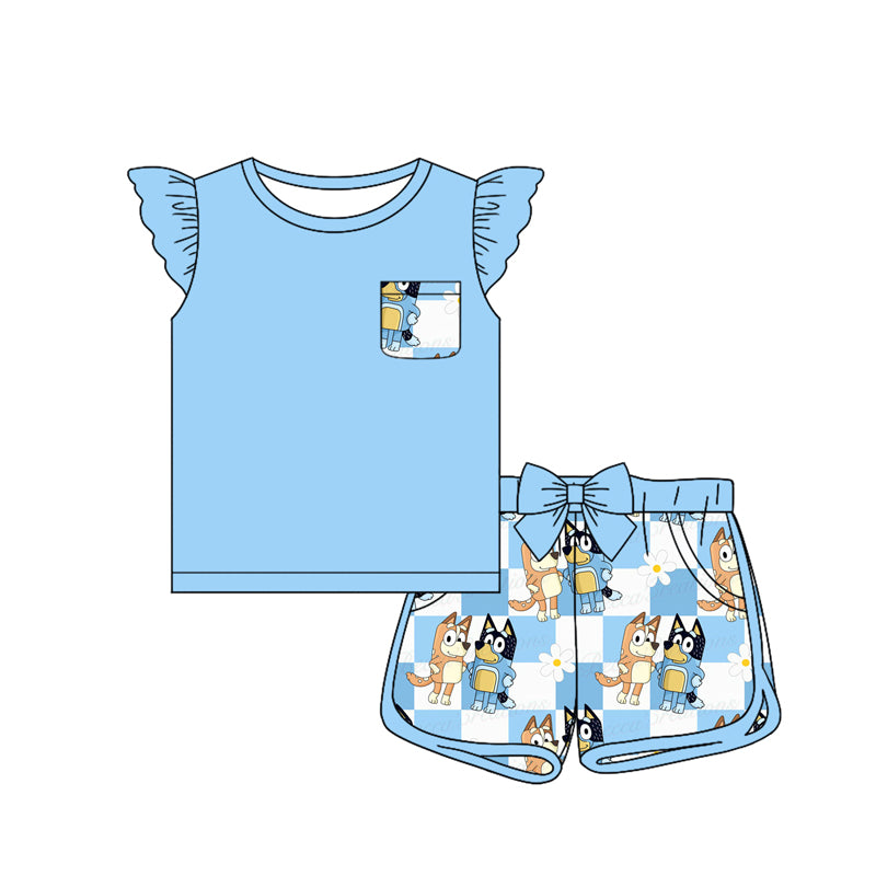 no moq GSSO1815 PRE-ORDER baby girls clothes cartoon dog blue short sleeve shorts set-2024.12.18