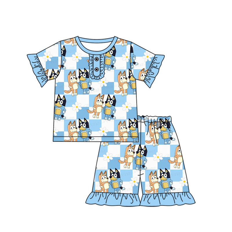 no moq GSSO1816 PRE-ORDER baby girls clothes cartoon dog blue short sleeve shorts set-2024.12.18