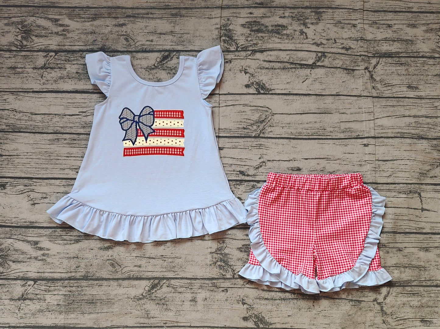 no moq GSSO1822 PRE-ORDER baby girls clothes embroidery 4th of july sleeveless shorts set