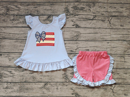 no moq GSSO1822 PRE-ORDER baby girls clothes embroidery 4th of july sleeveless shorts set