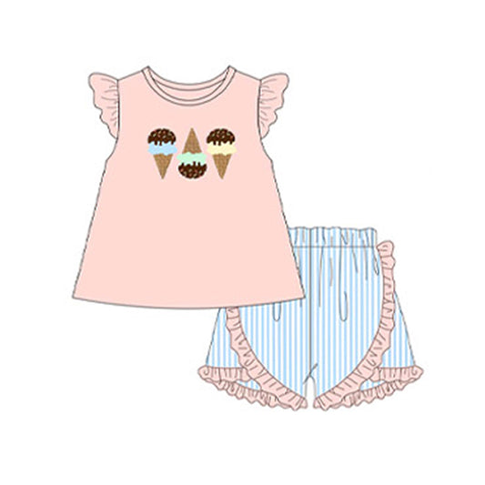 no moq GSSO1845 PRE-ORDER baby girls clothes ice cream flying sleeve shorts set-2024.12.24