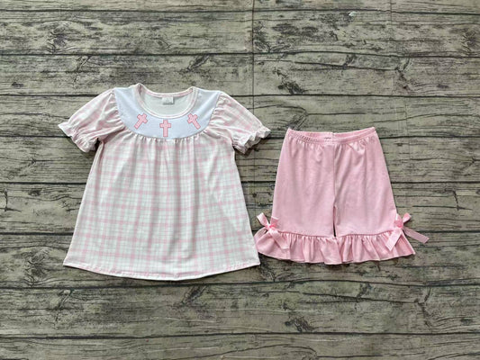 no moq GSSO1855 PRE-ORDER baby girls clothes embroidery easter short sleeve shorts set