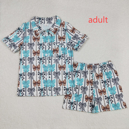 RTS NO MOQ ETA 5/7days arrived GSSO1856 Adult female striped leopard checkered bow pattern blue and white short-sleeved shorts pajamas set