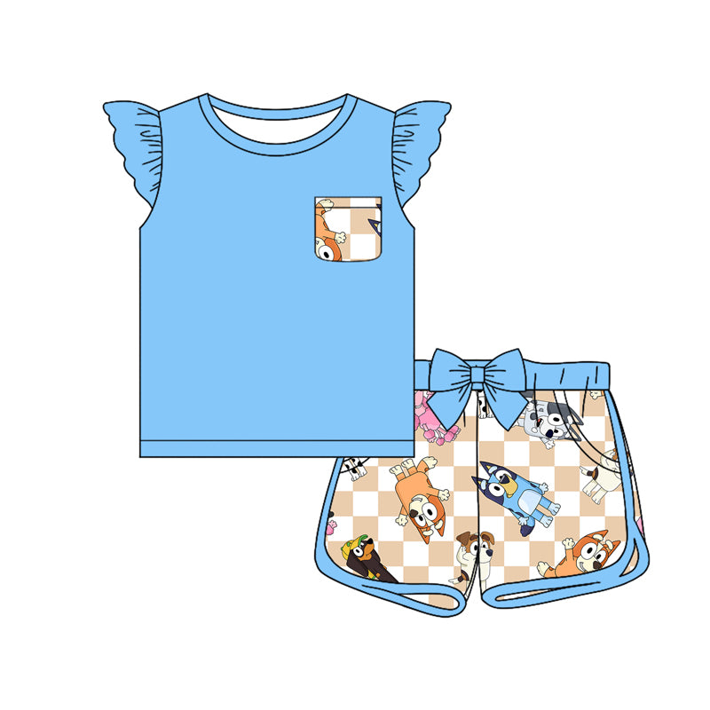 no moq GSSO1861 PRE-ORDER baby girls clothes cartoon dog blue flying sleeve shorts set-2024.12.25