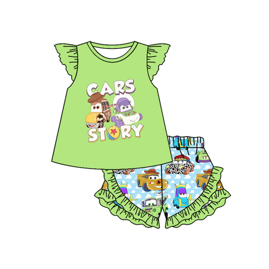 no moq GSSO1863 PRE-ORDER baby girls clothes CARS STORY green flying sleeve shorts set-2024.12.25