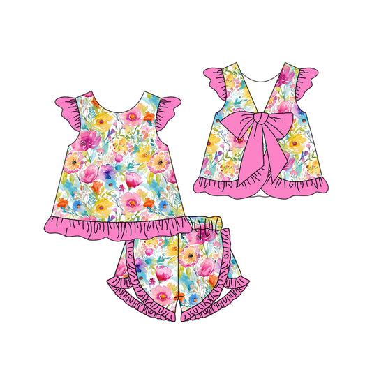 no moq GSSO1864 PRE-ORDER baby girl clothes floral flying sleeve shorts set-2024.12.25