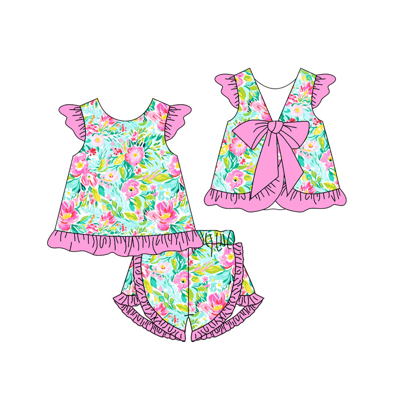 no moq GSSO1865 PRE-ORDER baby girls clothes floral flying sleeve shorts set-2024.12.25