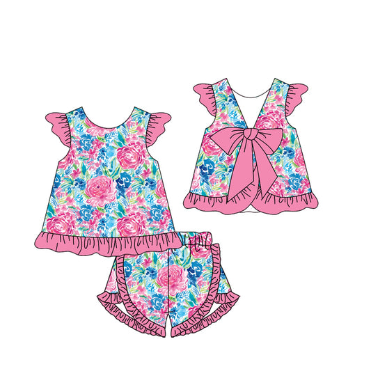 no moq GSSO1866 PRE-ORDER baby girl clothes floral flying sleeve shorts set-2024.12.25