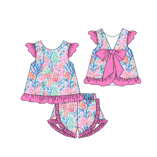 no moq GSSO1867 PRE-ORDER baby girls clothes floral pattern flying sleeve shorts set-2024.12.25