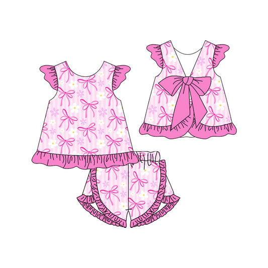 no moq GSSO1868 PRE-ORDER baby girl clothes bow pink flying sleeve shorts set-2024.12.25