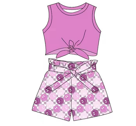 no moq GSSO1874 PRE-ORDER baby girl clothes smiley purple sleeveless shorts set-2024.12.27