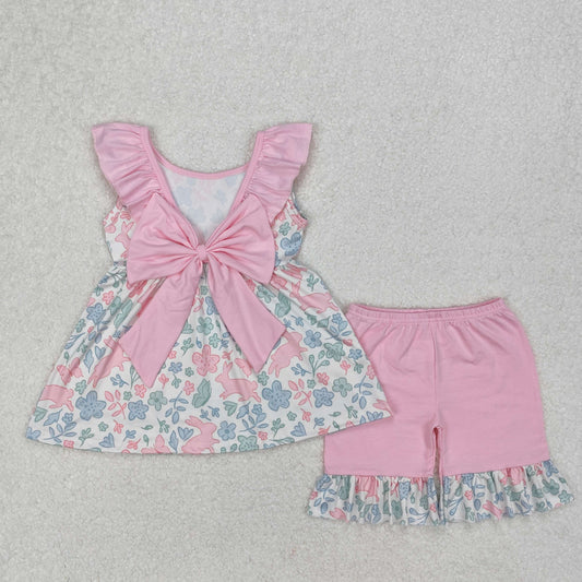 RTS NO MOQ ETA 5/7days Arrived GSSO1881 Easter bunny flower leaf pink lace beige sleeveless shorts set