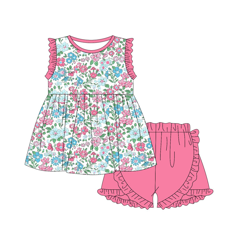 no moq GSSO1889 PRE-ORDER baby girl clothes flroal sleeveless shorts set-2024.12.28