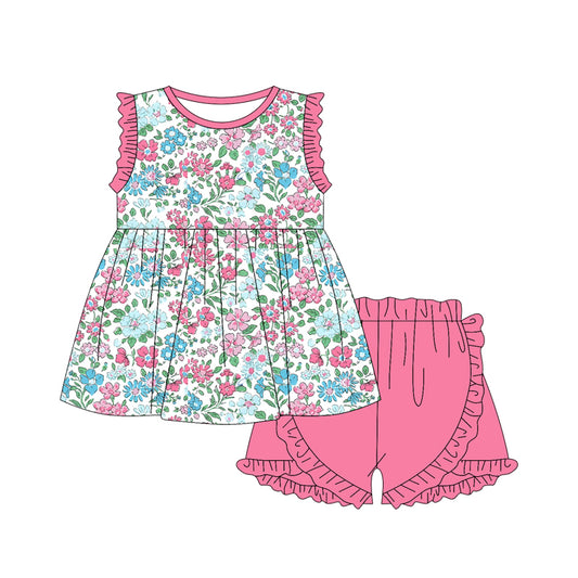 no moq GSSO1889 PRE-ORDER baby girl clothes flroal sleeveless shorts set-2024.12.28