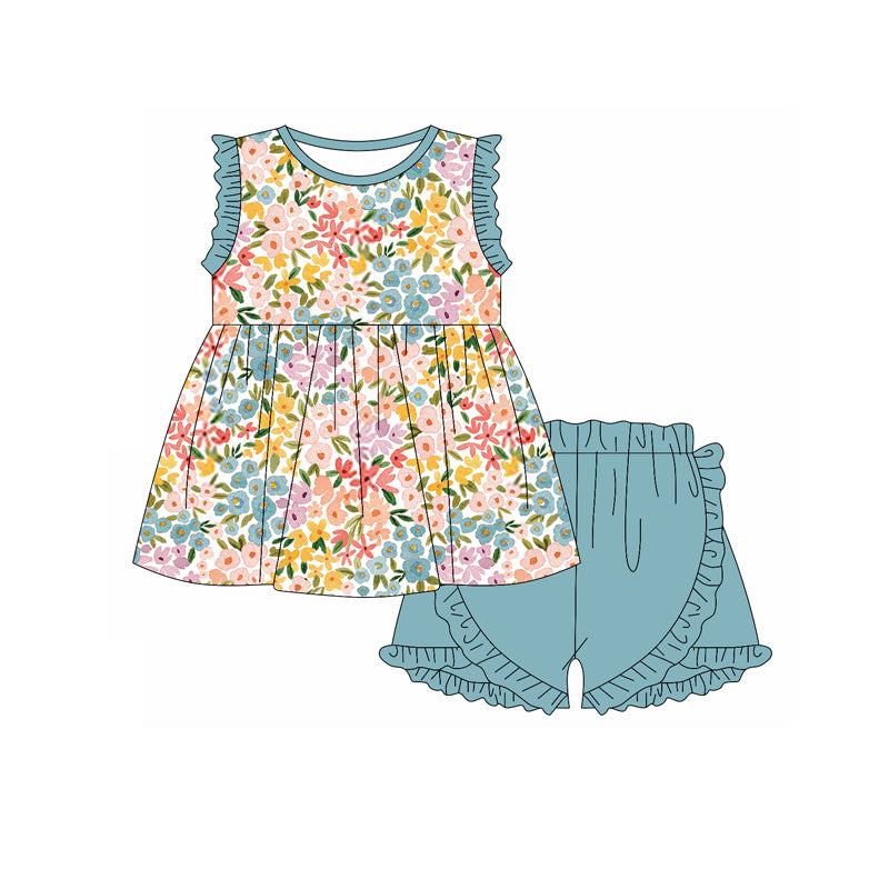 no moq GSSO1894 PRE-ORDER baby girl clothes floral sleeveless shorts set-2024.12.30