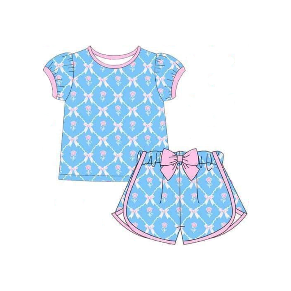 no moq GSSO1898 PRE-ORDER baby girl clothes bow blue short sleeve shorts set-2024.12.31