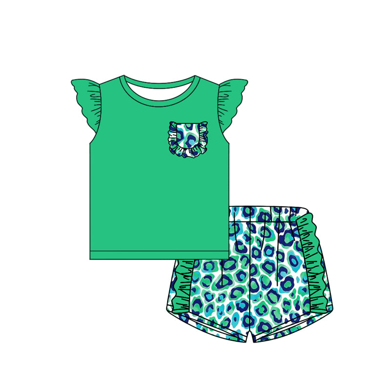 no moq GSSO1899 PRE-ORDER baby girl clothes green leopard short sleeve shorts set-2024.12.31