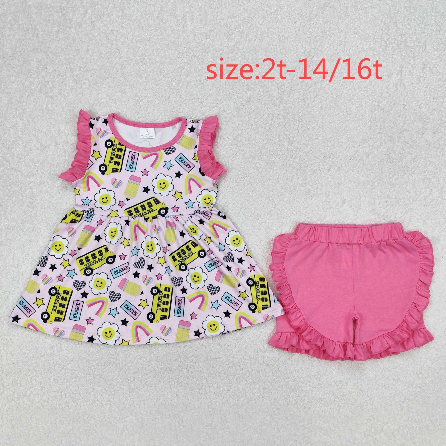 RTS NO MOQ ETA 5/7days Arrived GSSO1912 Flower school bus pencil rainbow star pink lace sleeveless shorts set