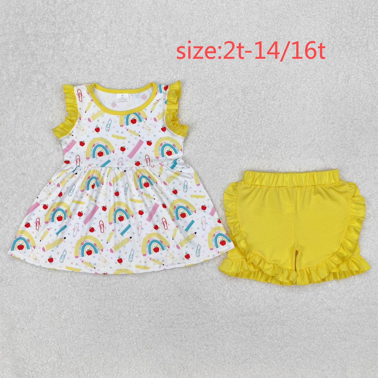 RTS NO MOQ ETA 5/7days Arrived GSSO1913 Pencil Rainbow Apple Yellow Lace White Sleeveless Shorts Set