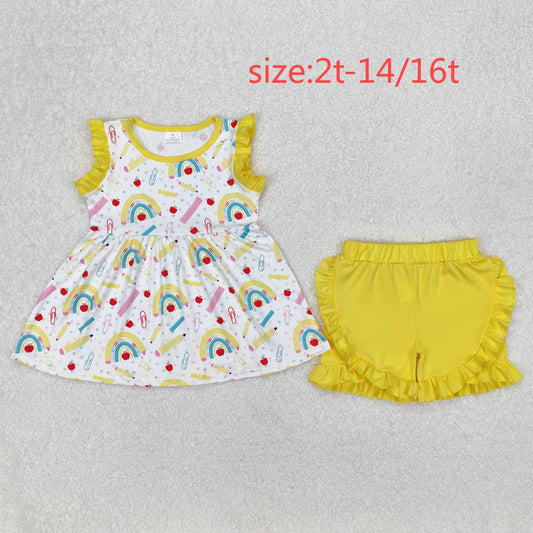 RTS NO MOQ ETA 5/7days Arrived GSSO1913 Pencil Rainbow Apple Yellow Lace White Sleeveless Shorts Set