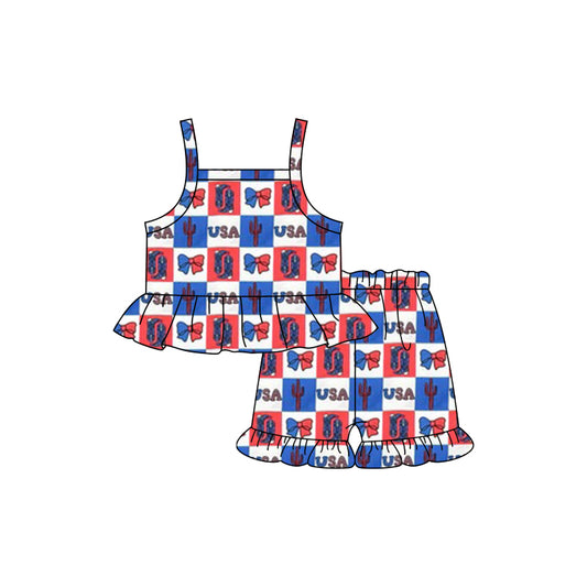 no moq GSSO1929 PRE-ORDER baby girl clothes USA suspender shorts set-2025.1.3