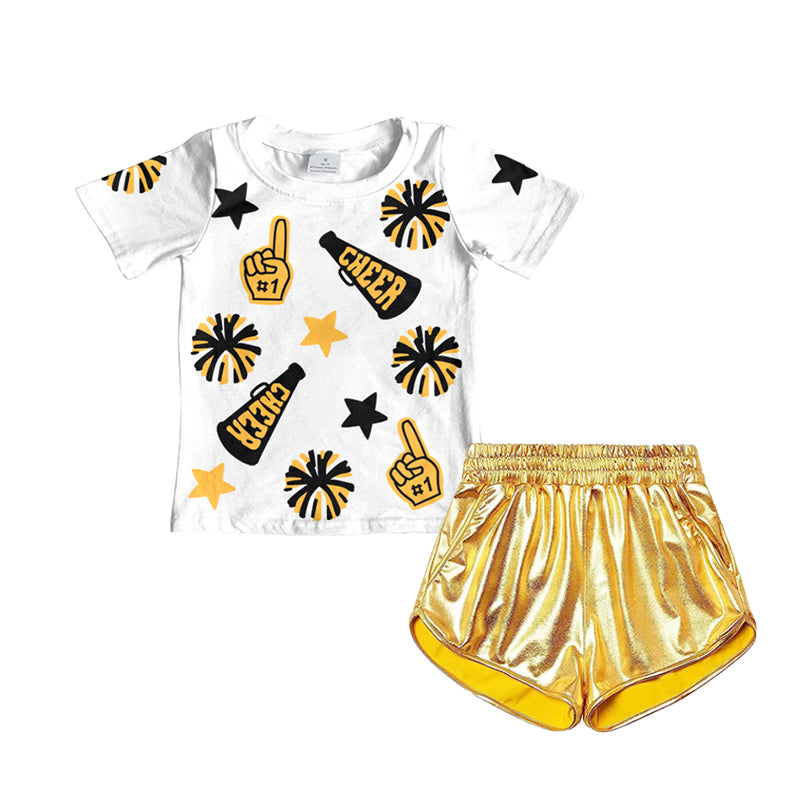 no moq GSSO1936 PRE-ORDER baby girl clothes CHEER short sleeve leather shorts set-2025.1.3