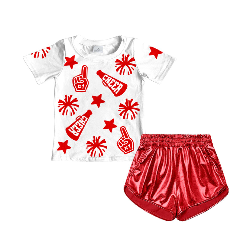 no moq GSSO1937 PRE-ORDER baby girl clothes CHEER red short sleeve leather shorts set-2025.1.3