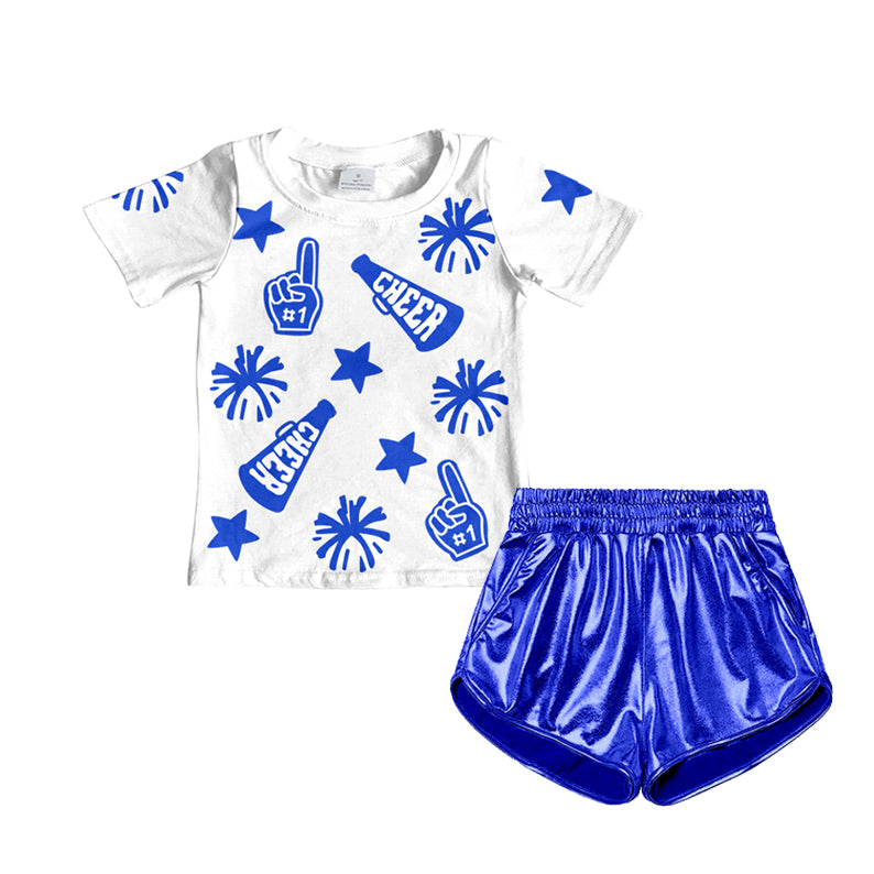 no moq GSSO1938 PRE-ORDER baby girl clothes CHEER blue short sleeve leather shorts set-2025.1.3