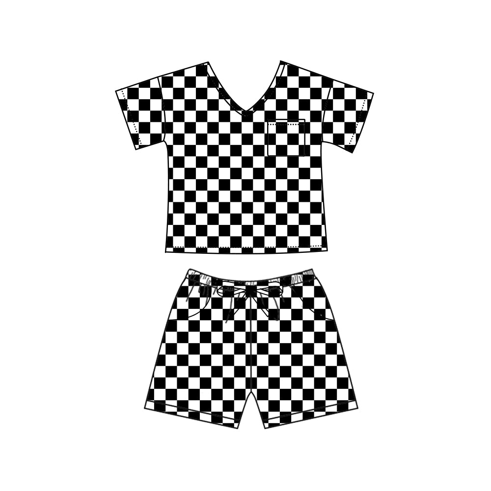 no moq GSSO1941 pre-order Adult women black and white plaid short sleeve shorts set-2025.1.4