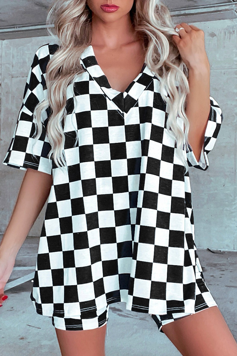 no moq GSSO1941 pre-order Adult women black and white plaid short sleeve shorts set-2025.1.4