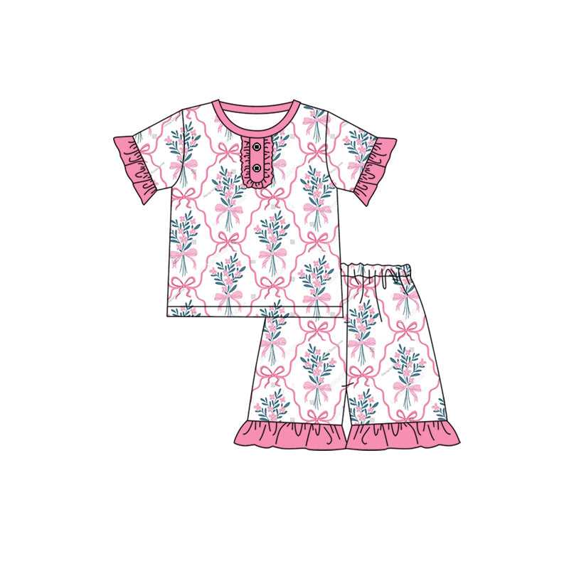 no moq GSSO1948 PRE-ORDER baby girl clothes bow floral short sleeve shorts set-2025.1.4