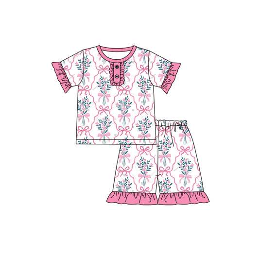 no moq GSSO1948 PRE-ORDER baby girl clothes bow floral short sleeve shorts set-2025.1.4